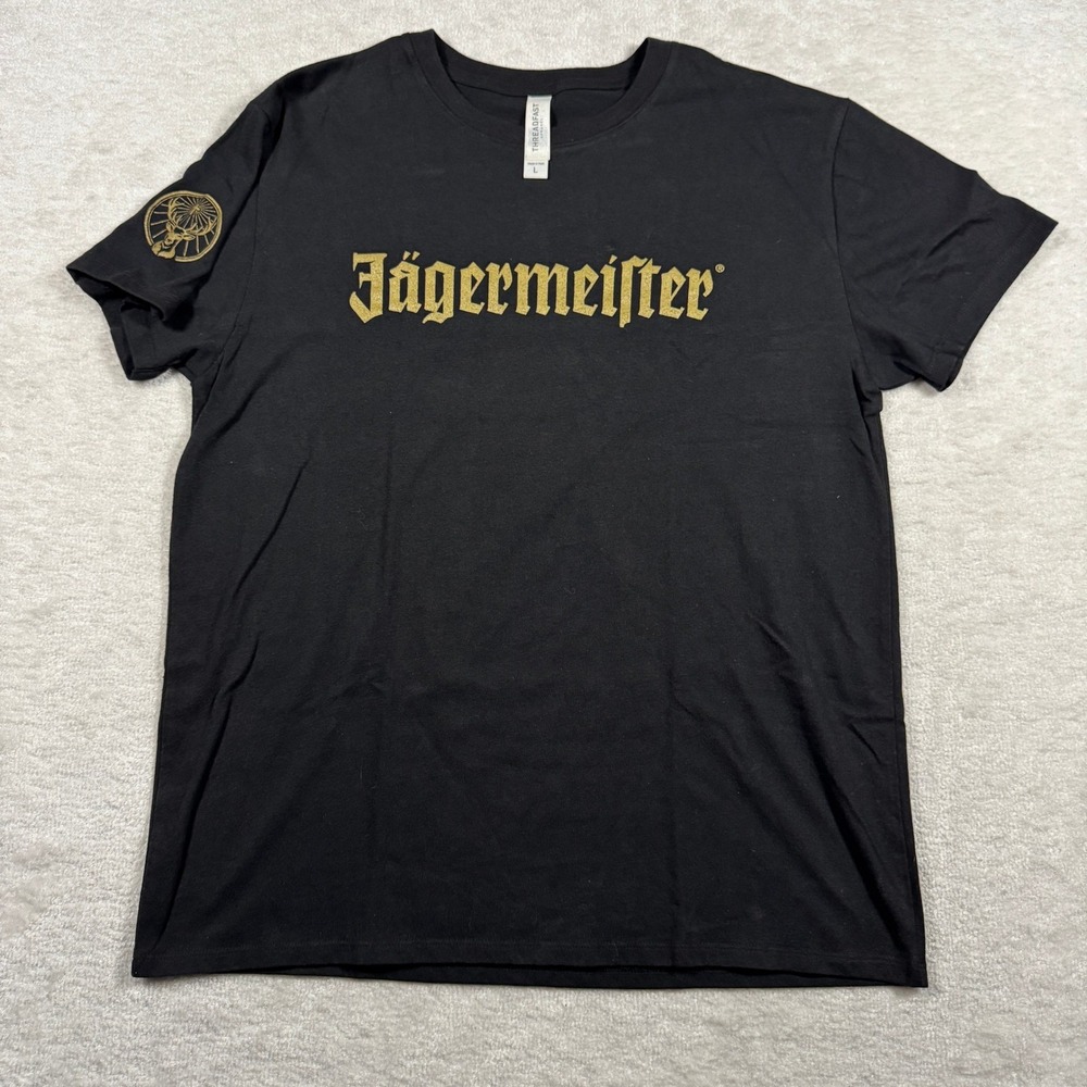 Jagermeister Womens T-Shirt‎ L Black Gold Graphic Logo Stag Threadfast Apparel